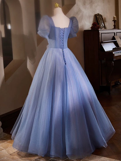 Luxury A-Line Square Neck Blue Tulle Sweet 16th Gowns Short Sleeve Handmade Flowers Beading Sequins Prom Dress AP5435