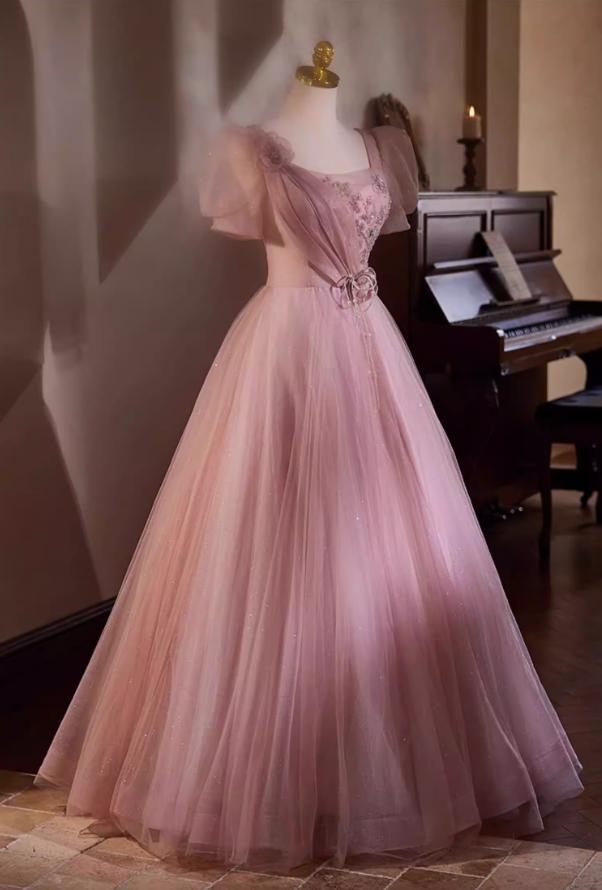 Graceful A-Line Square Neck Pink Tulle Sweet 16th Gowns Short Sleeve Handmade Flowers Beading Sequins Prom Dress AP5436