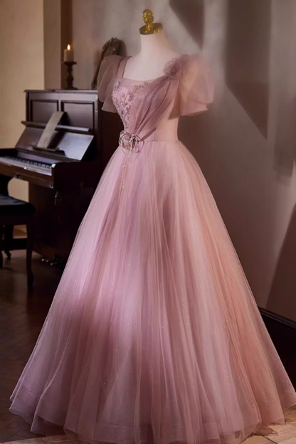 Graceful A-Line Square Neck Pink Tulle Sweet 16th Gowns Short Sleeve Handmade Flowers Beading Sequins Prom Dress AP5436