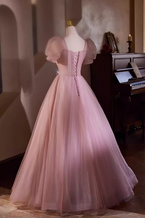 Graceful A-Line Square Neck Pink Tulle Sweet 16th Gowns Short Sleeve Handmade Flowers Beading Sequins Prom Dress AP5436