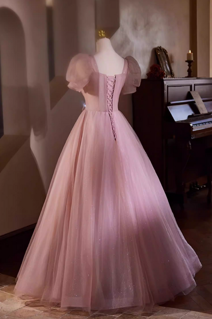 Graceful A-Line Square Neck Pink Tulle Sweet 16th Gowns Short Sleeve Handmade Flowers Beading Sequins Prom Dress AP5436