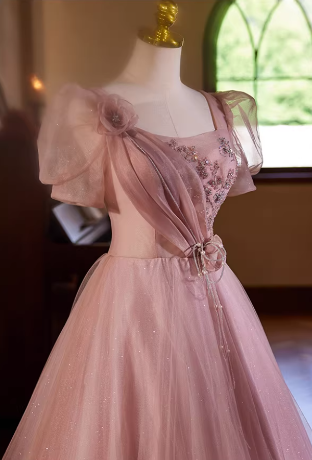 Graceful A-Line Square Neck Pink Tulle Sweet 16th Gowns Short Sleeve Handmade Flowers Beading Sequins Prom Dress AP5436