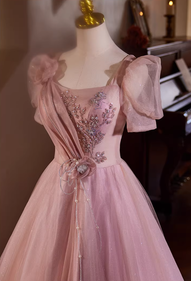 Graceful A-Line Square Neck Pink Tulle Sweet 16th Gowns Short Sleeve Handmade Flowers Beading Sequins Prom Dress AP5436