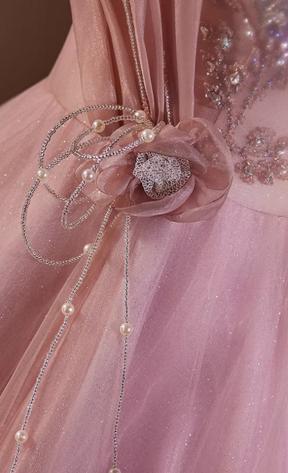 Graceful A-Line Square Neck Pink Tulle Sweet 16th Gowns Short Sleeve Handmade Flowers Beading Sequins Prom Dress AP5436