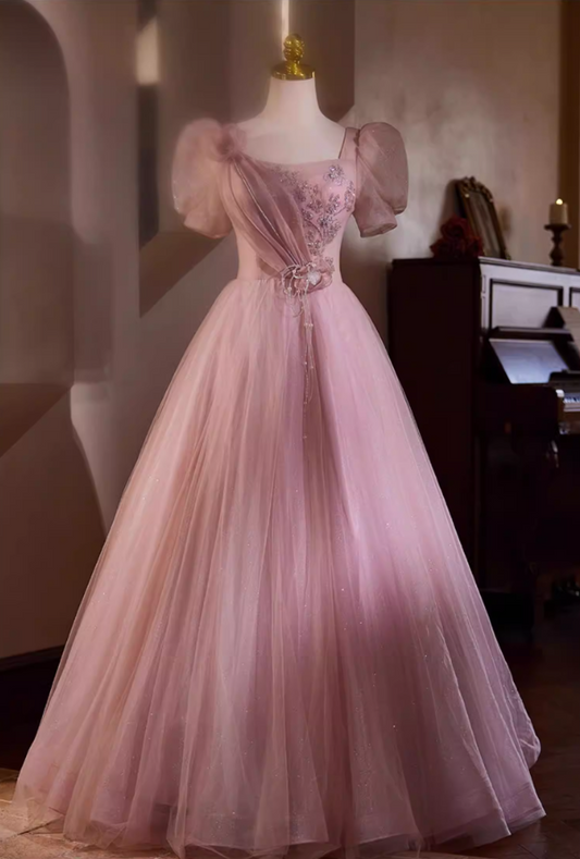 Graceful A-Line Square Neck Pink Tulle Sweet 16th Gowns Short Sleeve Handmade Flowers Beading Sequins Prom Dress AP5436
