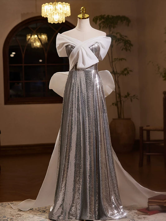 Elegant Off-Shoulder A-Line Sweet 16th Dresses Silver Sequins Prom Dress AP5437