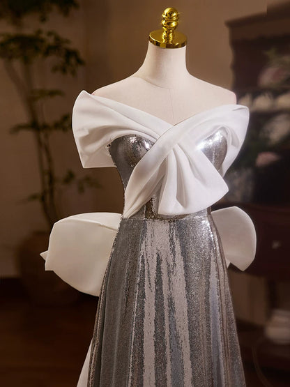 Elegant Off-Shoulder A-Line Sweet 16th Dresses Silver Sequins Prom Dress AP5437