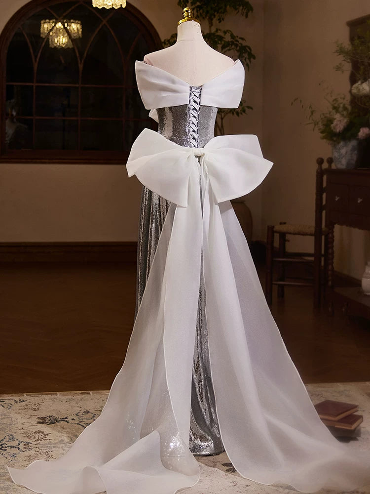 Elegant Off-Shoulder A-Line Sweet 16th Dresses Silver Sequins Prom Dress AP5437