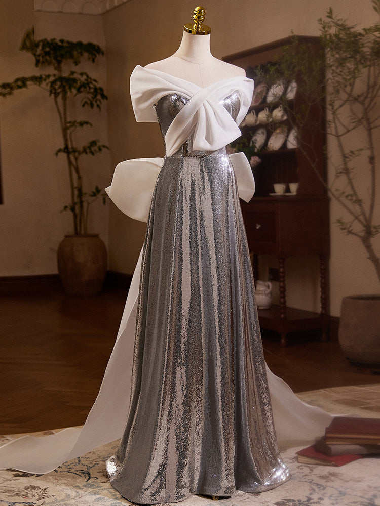 Elegant Off-Shoulder A-Line Sweet 16th Dresses Silver Sequins Prom Dress AP5437