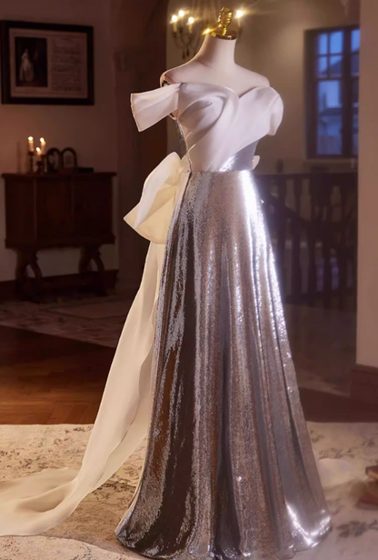 Classical Off-Shoulder A-Line Sweet 16th Dresses Silver Sequins Prom Dress AP5438