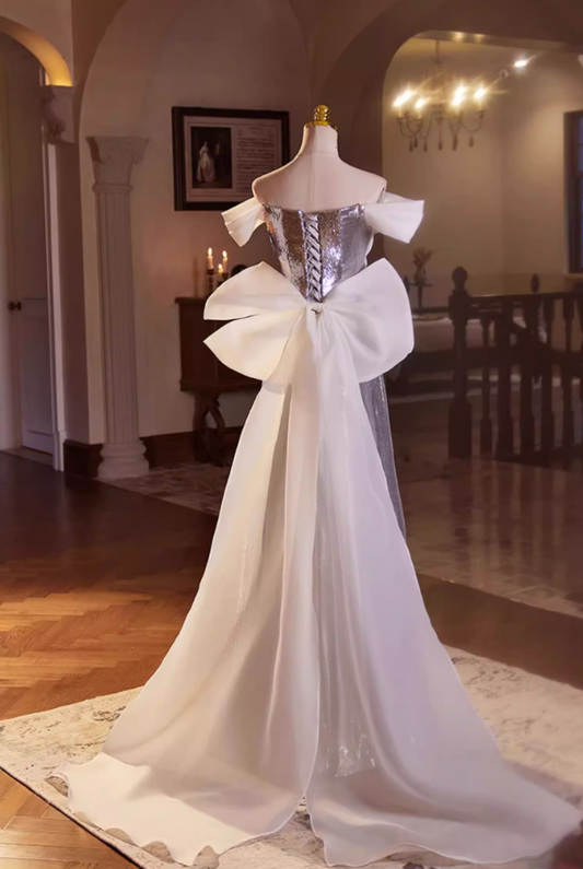 Classical Off-Shoulder A-Line Sweet 16th Dresses Silver Sequins Prom Dress AP5438