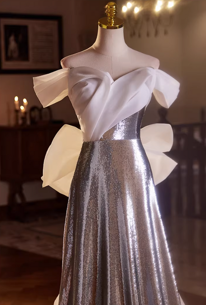 Classical Off-Shoulder A-Line Sweet 16th Dresses Silver Sequins Prom Dress AP5438
