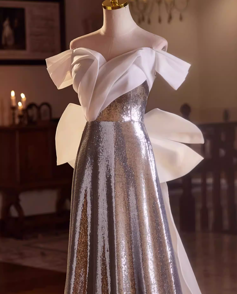 Classical Off-Shoulder A-Line Sweet 16th Dresses Silver Sequins Prom Dress AP5438