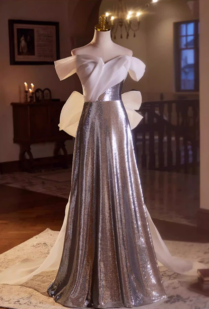 Classical Off-Shoulder A-Line Sweet 16th Dresses Silver Sequins Prom Dress AP5438