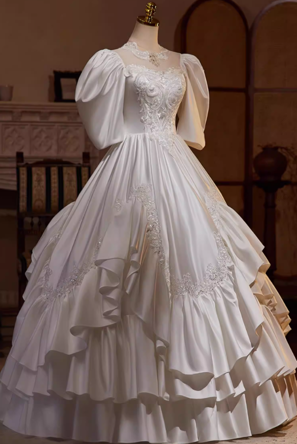 Fantastic A-Line Illusion Neck Satin Tiered Bridal Gowns Short Sleeve Appliques Sequins Beads Wedding Dress AP5439