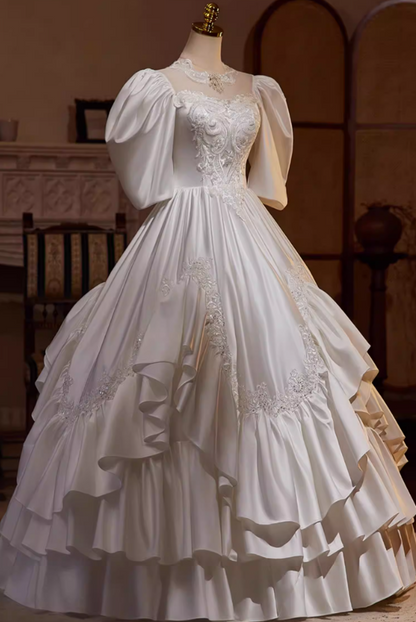 Fantastic A-Line Illusion Neck Satin Tiered Bridal Gowns Short Sleeve Appliques Sequins Beads Wedding Dress AP5439