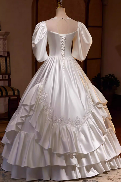 Fantastic A-Line Illusion Neck Satin Tiered Bridal Gowns Short Sleeve Appliques Sequins Beads Wedding Dress AP5439