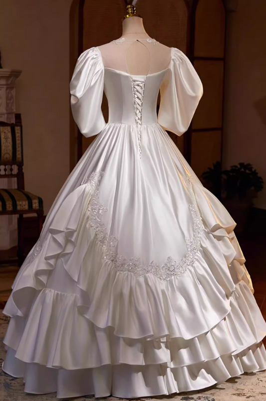 Fantastic A-Line Illusion Neck Satin Tiered Bridal Gowns Short Sleeve Appliques Sequins Beads Wedding Dress AP5439
