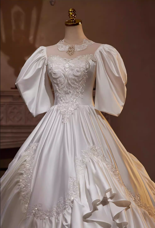 Fantastic A-Line Illusion Neck Satin Tiered Bridal Gowns Short Sleeve Appliques Sequins Beads Wedding Dress AP5439