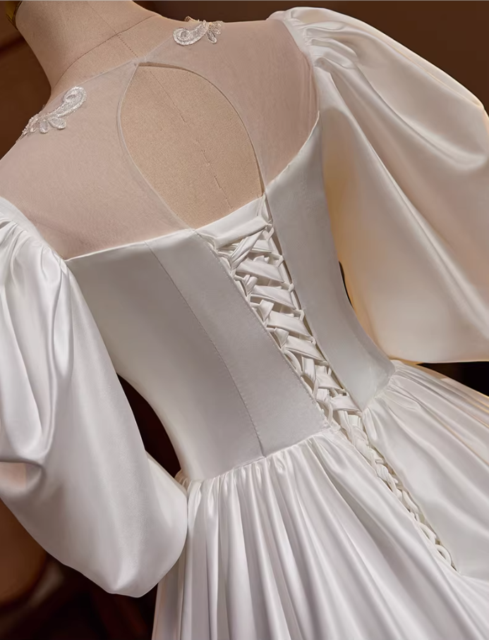 Fantastic A-Line Illusion Neck Satin Tiered Bridal Gowns Short Sleeve Appliques Sequins Beads Wedding Dress AP5439