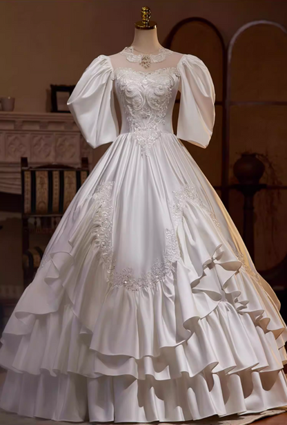 Fantastic A-Line Illusion Neck Satin Tiered Bridal Gowns Short Sleeve Appliques Sequins Beads Wedding Dress AP5439