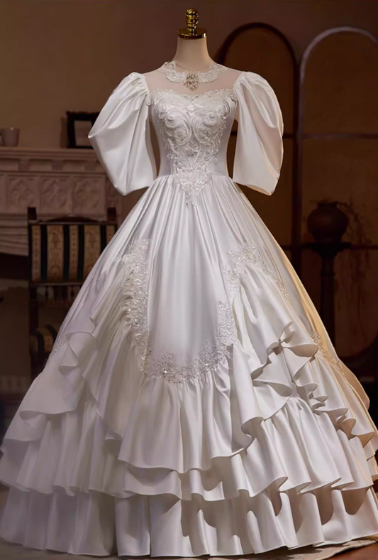 Fantastic A-Line Illusion Neck Satin Tiered Bridal Gowns Short Sleeve Appliques Sequins Beads Wedding Dress AP5439
