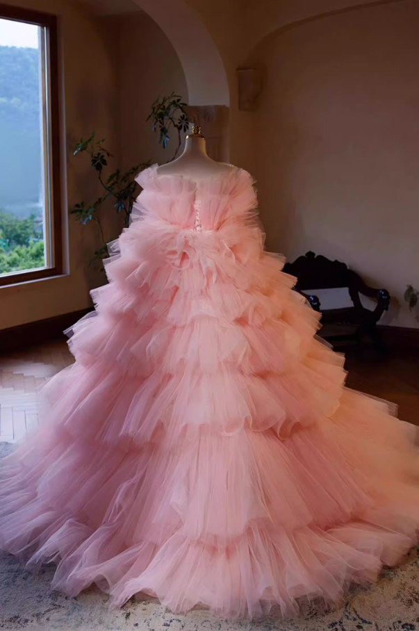Sweet Strapless A-Line Bow Strap Sweet 16th Gowns Pink Tiered Tulle Prom Dress AP5440