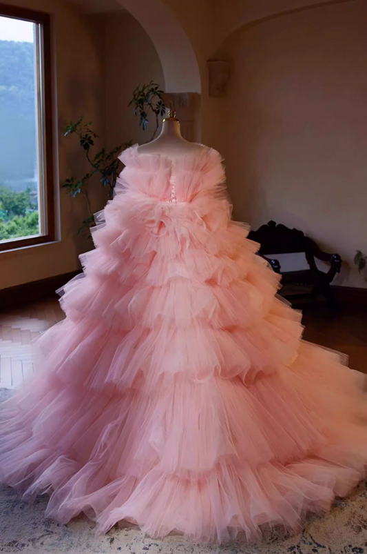 Sweet Strapless A-Line Bow Strap Sweet 16th Gowns Pink Tiered Tulle Prom Dress AP5440