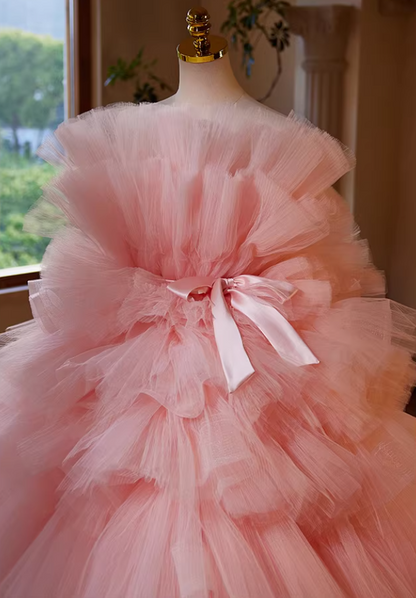 Sweet Strapless A-Line Bow Strap Sweet 16th Gowns Pink Tiered Tulle Prom Dress AP5440