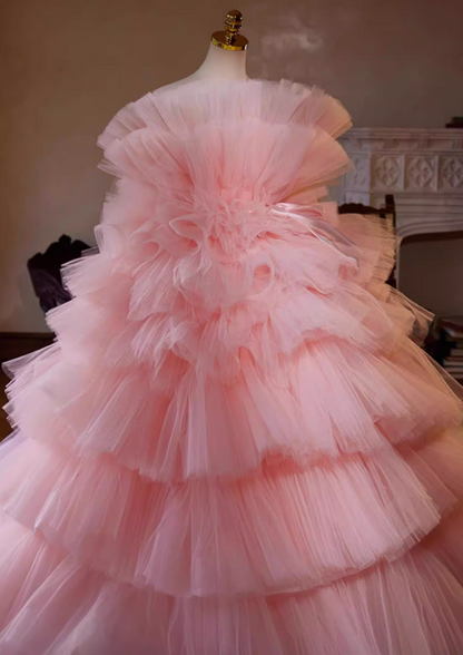 Sweet Strapless A-Line Bow Strap Sweet 16th Gowns Pink Tiered Tulle Prom Dress AP5440