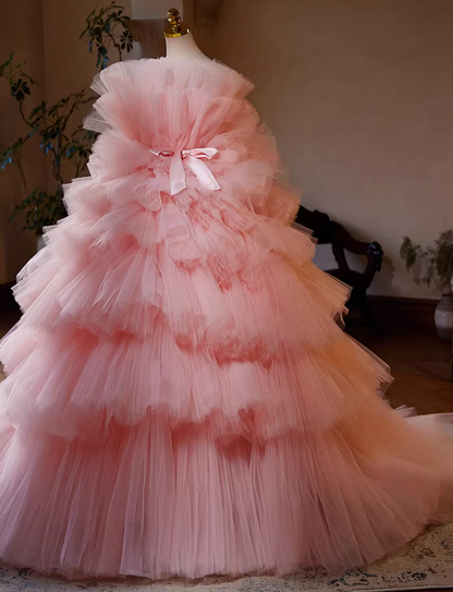 Sweet Strapless A-Line Bow Strap Sweet 16th Gowns Pink Tiered Tulle Prom Dress AP5440