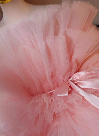 Sweet Strapless A-Line Bow Strap Sweet 16th Gowns Pink Tiered Tulle Prom Dress AP5440