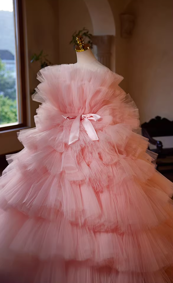 Sweet Strapless A-Line Bow Strap Sweet 16th Gowns Pink Tiered Tulle Prom Dress AP5440