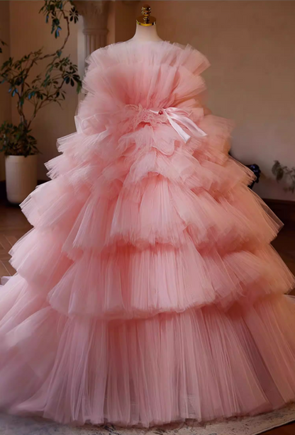 Sweet Strapless A-Line Bow Strap Sweet 16th Gowns Pink Tiered Tulle Prom Dress AP5440