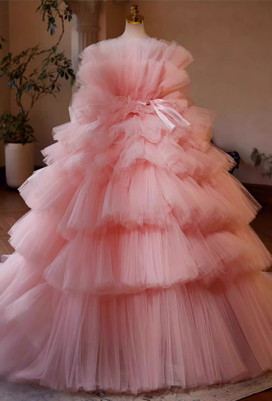 Sweet Strapless A-Line Bow Strap Sweet 16th Gowns Pink Tiered Tulle Prom Dress AP5440