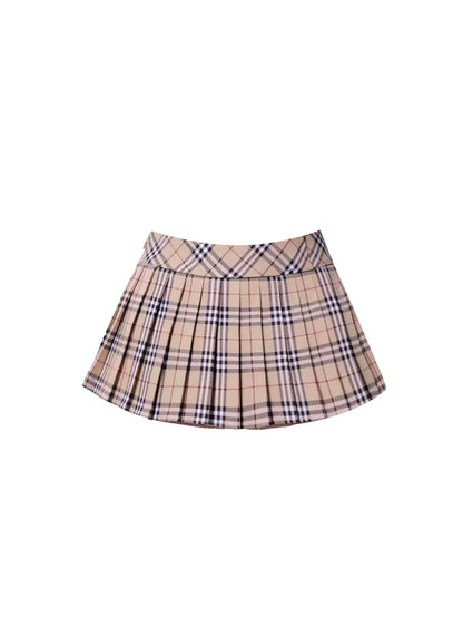 Cute Turtleneck Top Two-Piece A-Line Mini Skirt Retro Beige Sheer Long Sleeve Plaid Pleated Short Dress AP5441