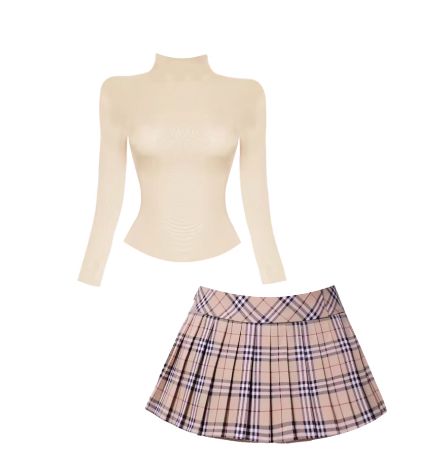 Cute Turtleneck Top Two-Piece A-Line Mini Skirt Retro Beige Sheer Long Sleeve Plaid Pleated Short Dress AP5441
