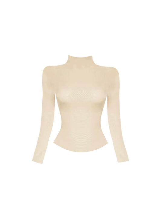 Cute Turtleneck Top Two-Piece A-Line Mini Skirt Retro Beige Sheer Long Sleeve Plaid Pleated Short Dress AP5441