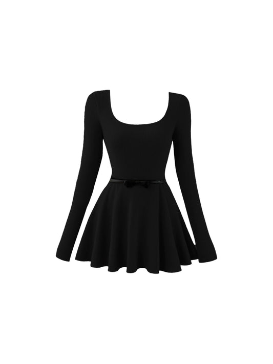 Vintage Square Neck Bow Belt A-Line Mini Skirt Simple Ribbed Long Sleeve Flared Short Dress AP5442