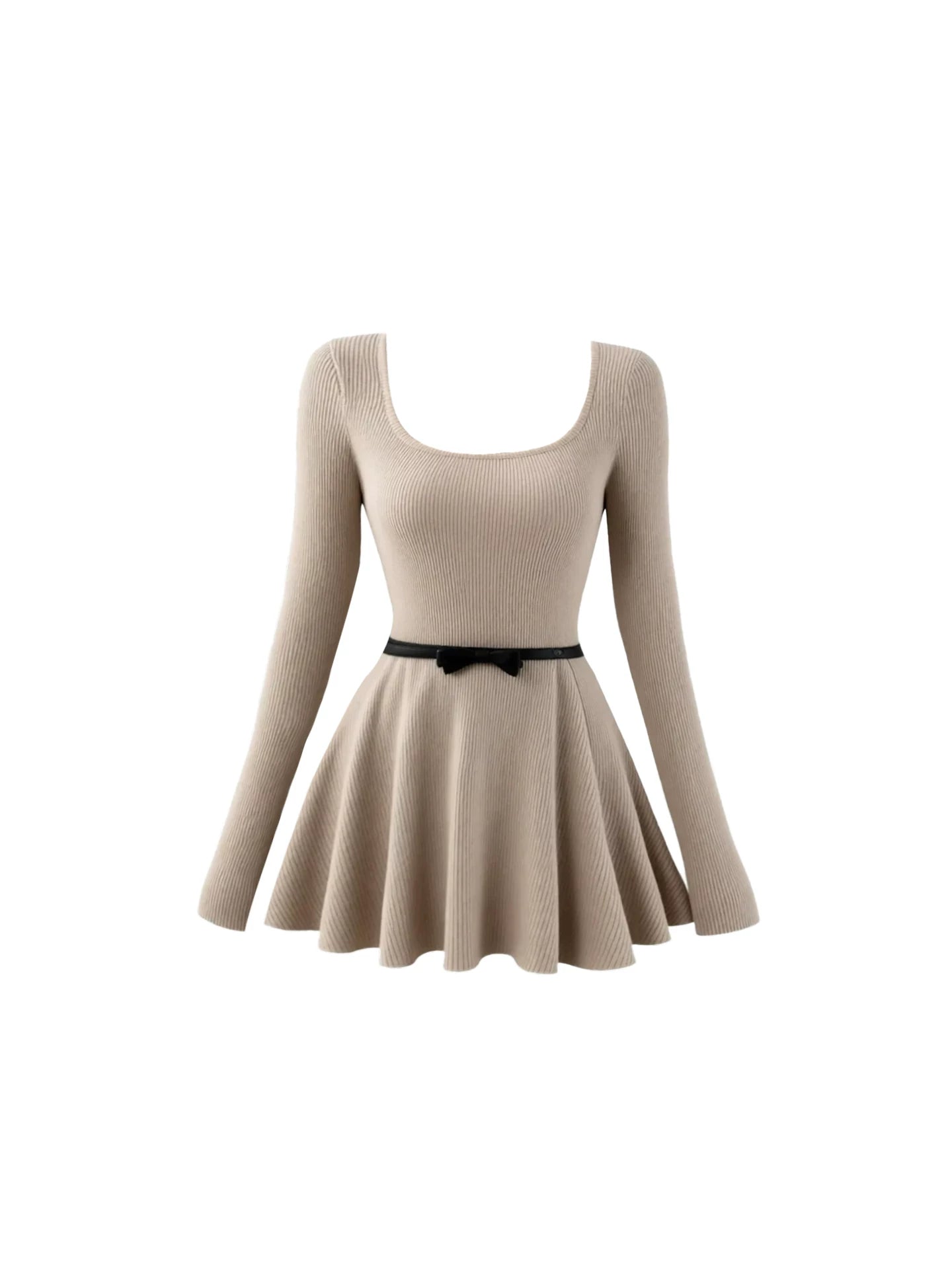 Vintage Square Neck Bow Belt A-Line Mini Skirt Simple Ribbed Long Sleeve Flared Short Dress AP5442