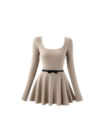 Vintage Square Neck Bow Belt A-Line Mini Skirt Simple Ribbed Long Sleeve Flared Short Dress AP5442