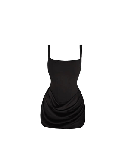 Artistic Square Neck Spaghetti Strap Draped Mini Skirt Simple Satin Corset Bodycon Short Dress AP5443