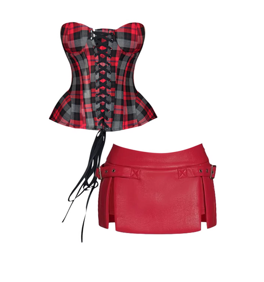 Dreamy Red Plaid Strapless Lace-Up Corset Top Bodycon Mini Skirt Sexy 2-Piece Faux Leather Side Slit Short Dress AP5444