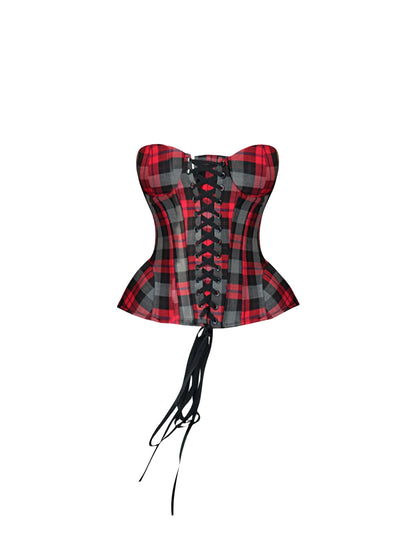 Dreamy Red Plaid Strapless Lace-Up Corset Top Bodycon Mini Skirt Sexy 2-Piece Faux Leather Side Slit Short Dress AP5444