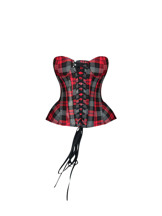 Dreamy Red Plaid Strapless Lace-Up Corset Top Bodycon Mini Skirt Sexy 2-Piece Faux Leather Side Slit Short Dress AP5444