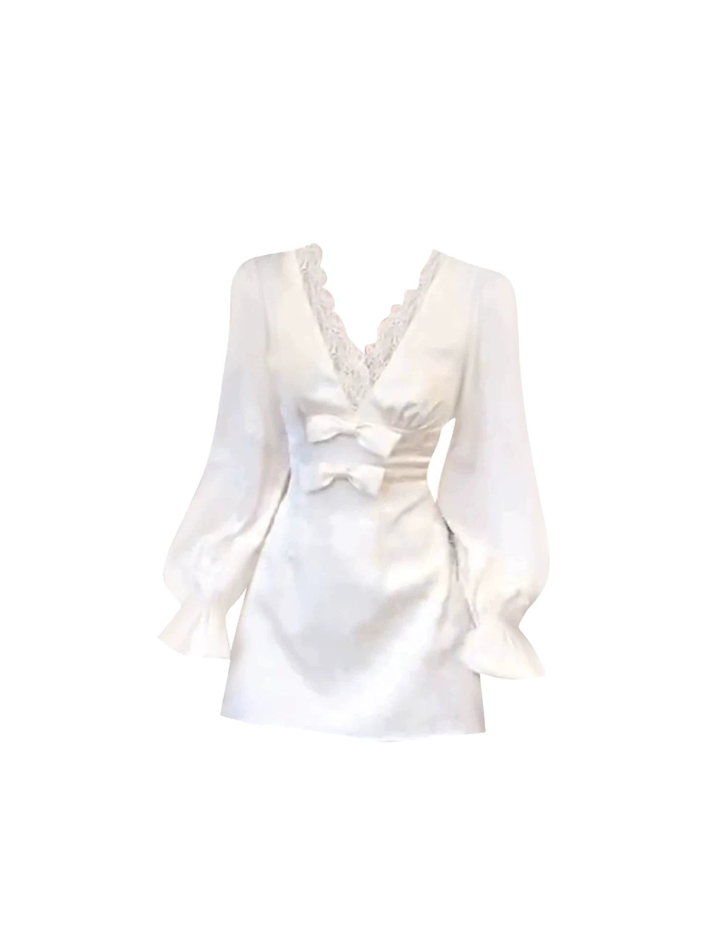 Ethereal V-Neck Ruffled Cuffs Lace Trim A-Line Mini Skirt Romantic Bow Accents White Long Sleeve Short Dress AP5445