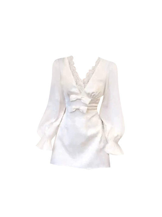 Ethereal V-Neck Ruffled Cuffs Lace Trim A-Line Mini Skirt Romantic Bow Accents White Long Sleeve Short Dress AP5445