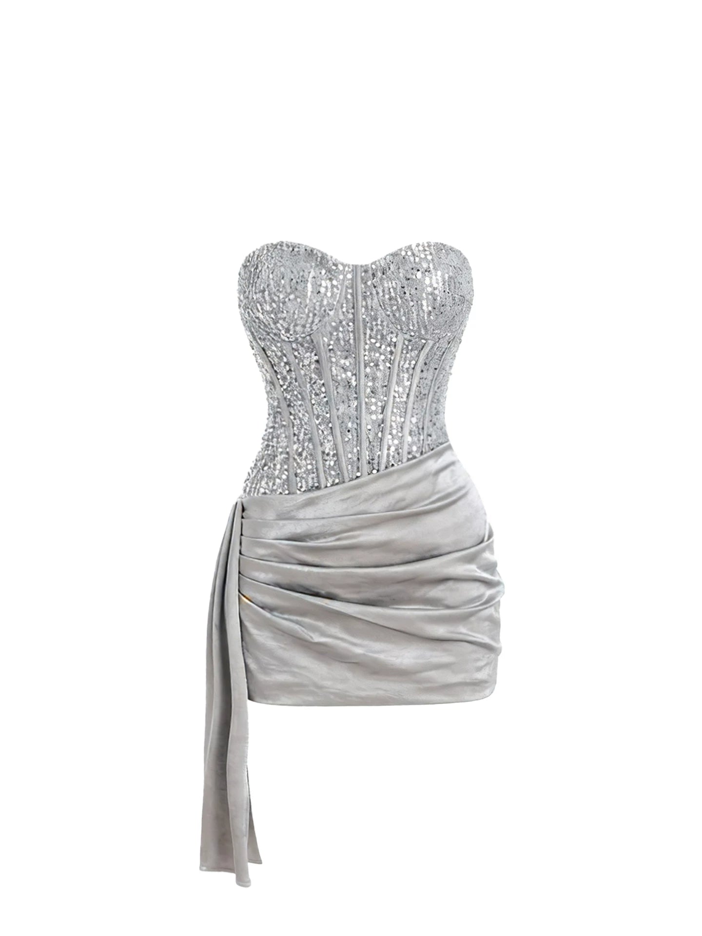 Sheen Silver Strapless Sequin Corset Bodycon Mini Skirt Alluring Boned Bodice Draped Satin Asymmetric Sash Detail Short Dress AP5446