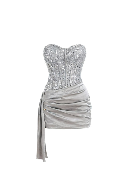 Sheen Silver Strapless Sequin Corset Bodycon Mini Skirt Alluring Boned Bodice Draped Satin Asymmetric Sash Detail Short Dress AP5446