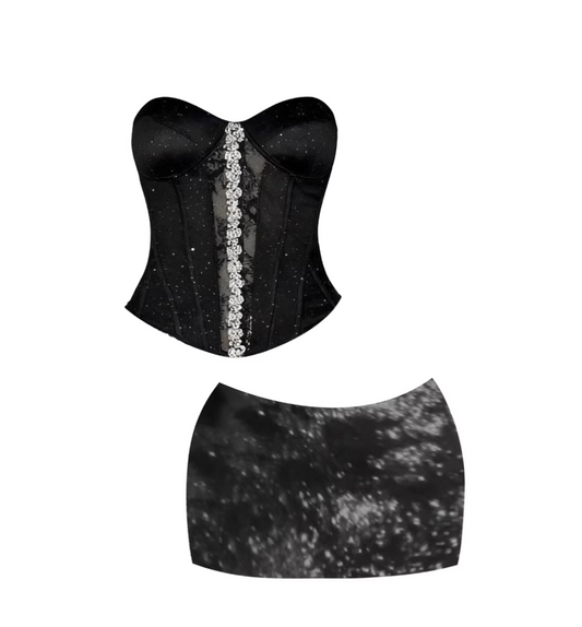 Alluring Crystal Lace Strapless 2-Piece Bodycon Mini Skirt Sparkly Black Corset Top Printed Short Dress AP5447